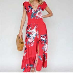 Jaase Carmen Red Floral Maxi Dress Size Medium Boho